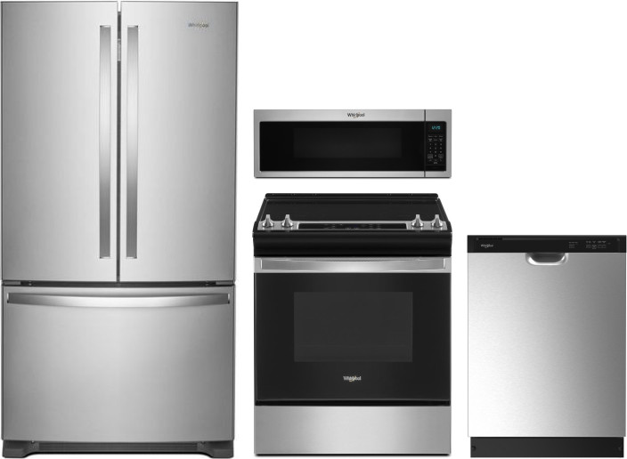 Whirlpool 4 Piece Kitchen Appliances Package with French Door Refrigerator, Electric Range, Dishwasher and Over the Range Microwave in Stainless Steel