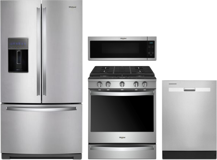 Whirlpool 4 Piece Kitchen Appliances Package with French Door Refrigerator, Gas Range, Dishwasher and Over the Range Microwave in Stainless Steel WPRE