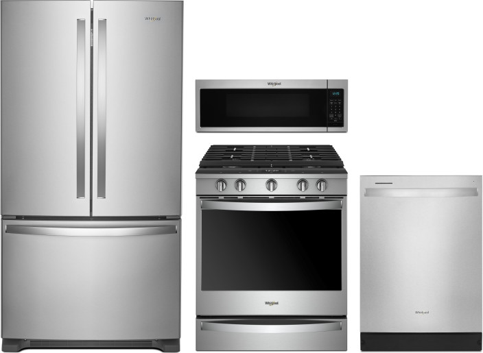 Whirlpool 4 Piece Kitchen Appliances Package with French Door Refrigerator, Gas Range, Dishwasher and Over the Range Microwave in Stainless Steel WPRE