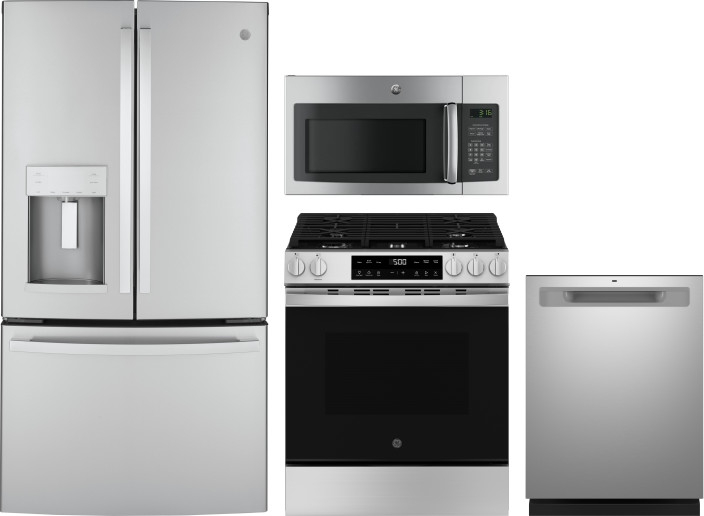 GE 4 Piece Kitchen Appliances Package with French Door Refrigerator, Gas Range, Dishwasher and Over the Range Microwave in Stainless Steel GERERADWMW1