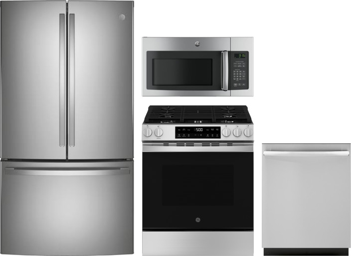 GE 4 Piece Kitchen Appliances Package with French Door Refrigerator, Gas Range, Dishwasher and Over the Range Microwave in Stainless Steel GERERADWMW1