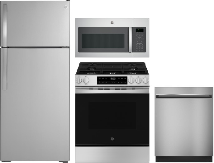 GE 4 Piece Kitchen Appliances Package with Top Freezer Refrigerator, Gas Range, Dishwasher and Over the Range Microwave in Stainless Steel GERERADWMW1