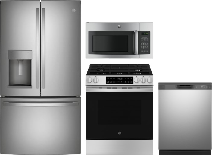 GE 4 Piece Kitchen Appliances Package with French Door Refrigerator, Gas Range, Dishwasher and Over the Range Microwave in Stainless Steel GERERADWMW1