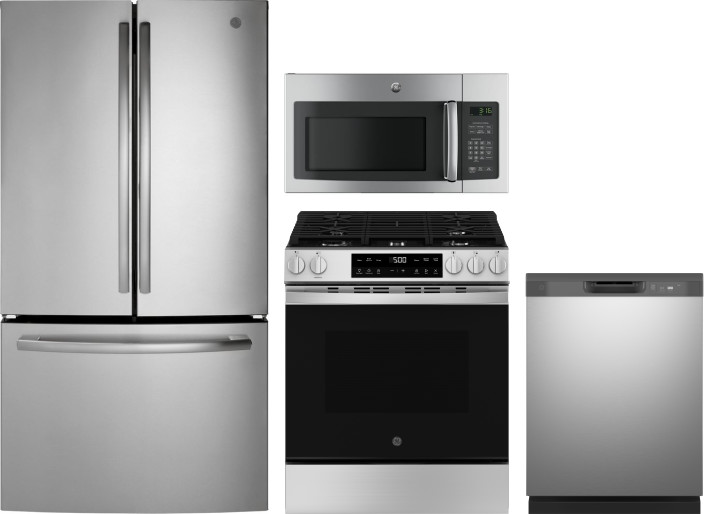 GE 4 Piece Kitchen Appliances Package with French Door Refrigerator, Gas Range, Dishwasher and Over the Range Microwave in Stainless Steel GERERADWMW1