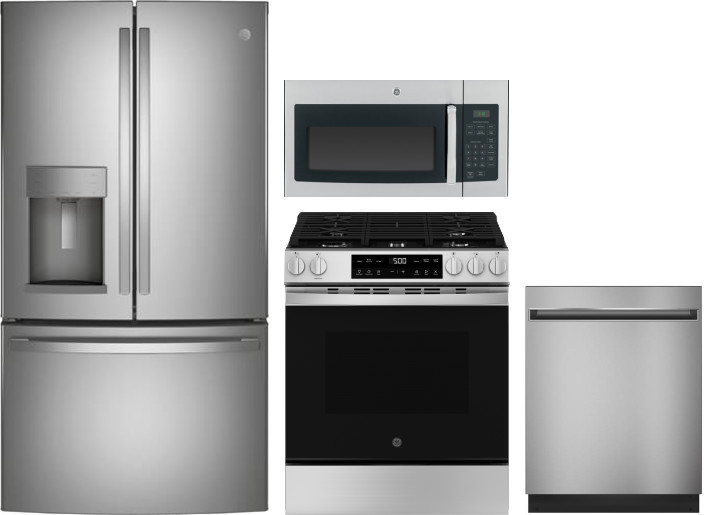 GE 4 Piece Kitchen Appliances Package with French Door Refrigerator, Gas Range, Dishwasher and Over the Range Microwave in Stainless Steel GERERADWMW1