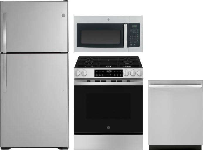 GE 4 Piece Kitchen Appliances Package with Top Freezer Refrigerator, Gas Range, Dishwasher and Over the Range Microwave in Stainless Steel GERERADWMW1 -  GERERADWMW104050