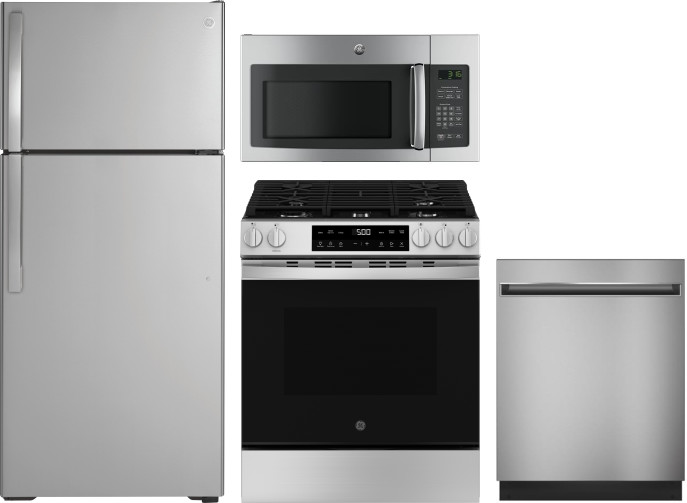 GE 4 Piece Kitchen Appliances Package with Top Freezer Refrigerator, Gas Range, Dishwasher and Over the Range Microwave in Stainless Steel GERERADWMW1