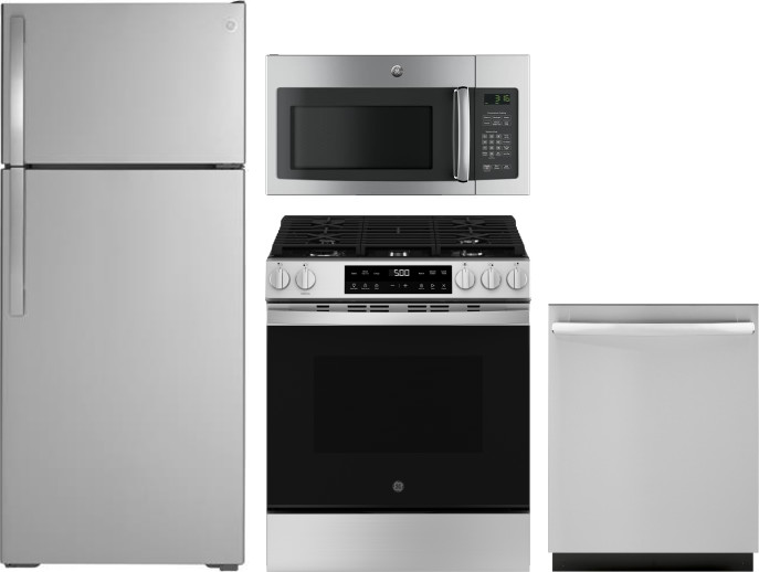 GE 4 Piece Kitchen Appliances Package with Top Freezer Refrigerator, Gas Range, Dishwasher and Over the Range Microwave in Stainless Steel GERERADWMW1