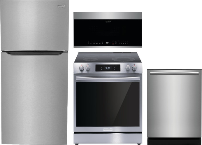 Frigidaire Gallery 4 Piece Kitchen Appliances Package with Top Freezer Refrigerator, Electric Range, Dishwasher and Over the Range Microwave in Stainl