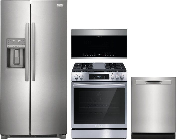 Frigidaire Gallery 4 Piece Kitchen Appliances Package with Side-by-Side Refrigerator, Gas Range, Dishwasher and Over the Range Microwave in Stainless 