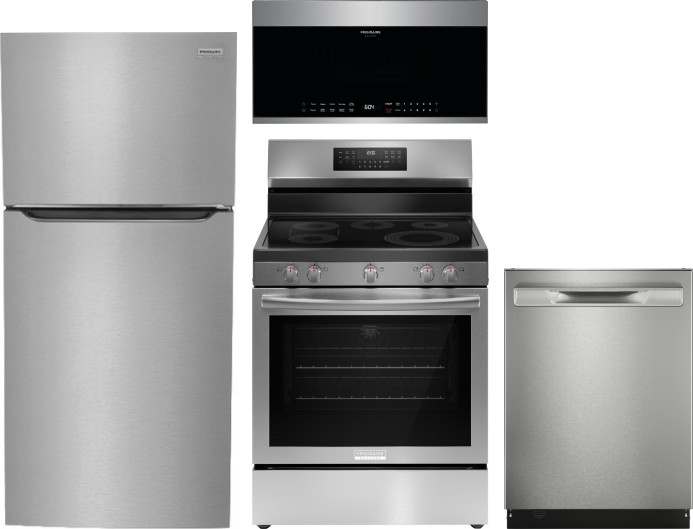 Frigidaire Gallery 4 Piece Kitchen Appliances Package with Top Freezer Refrigerator, Electric Range, Dishwasher and Over the Range Microwave in Stainl