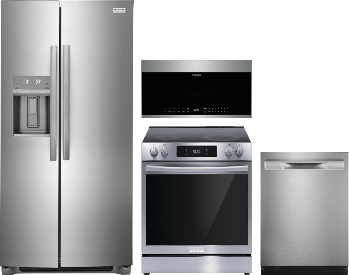 Frigidaire Gallery 4 Piece Kitchen Appliances Package with Side-by-Side Refrigerator, Electric Range, Dishwasher and Over the Range Microwave in Stain
