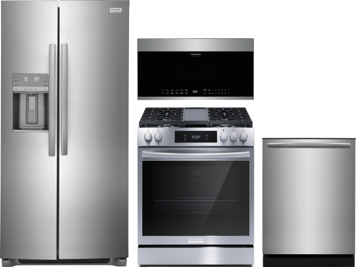 Frigidaire Gallery 4 Piece Kitchen Appliances Package with Side-by-Side Refrigerator, Gas Range, Dishwasher and Over the Range Microwave in Stainless 