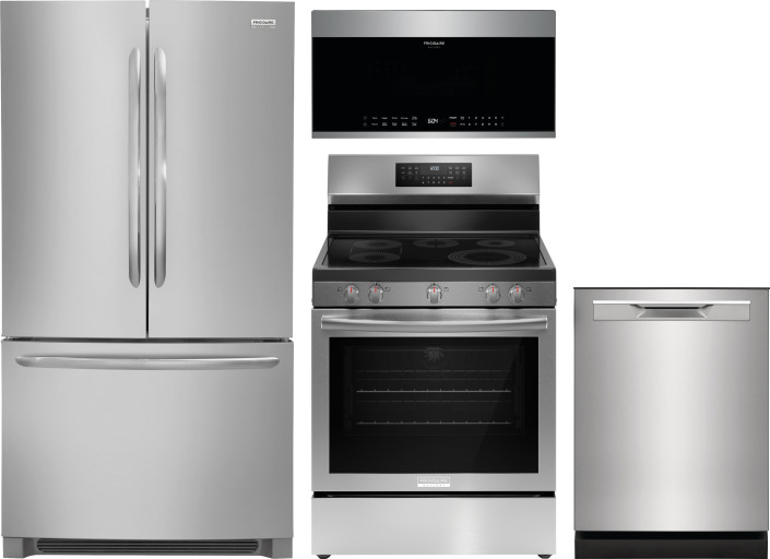 Frigidaire Gallery 4 Piece Kitchen Appliances Package with French Door Refrigerator, Electric Range, Dishwasher and Over the Range Microwave in Stainl
