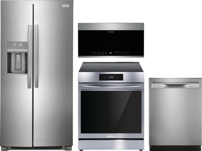 Frigidaire Gallery 4 Piece Kitchen Appliances Package with Side-by-Side Refrigerator, Induction Range, Dishwasher and Over the Range Microwave in Stai