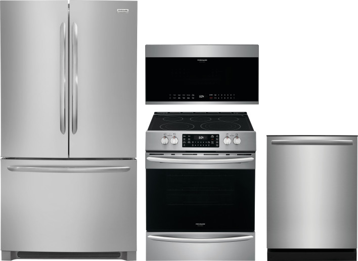 Frigidaire Gallery 4 Piece Kitchen Appliances Package with French Door Refrigerator, Electric Range, Dishwasher and Over the Range Microwave in Stainl