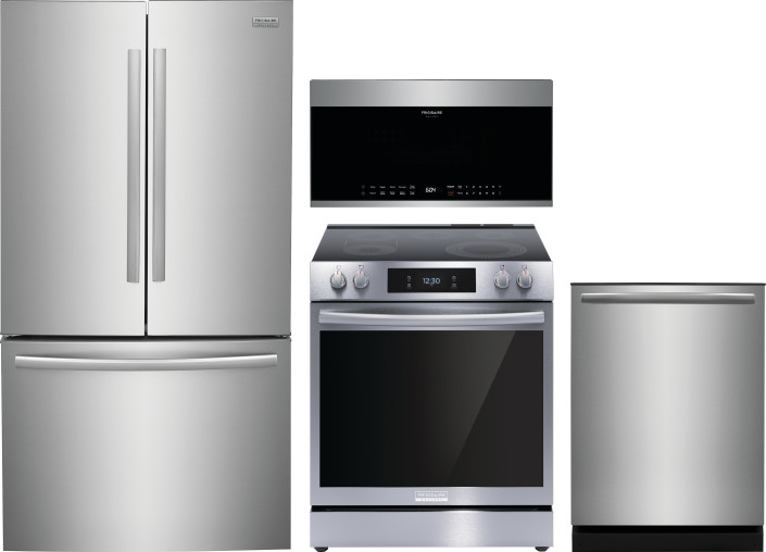 Frigidaire Gallery 4 Piece Kitchen Appliances Package with French Door Refrigerator, Electric Range, Dishwasher and Over the Range Microwave in Stainl