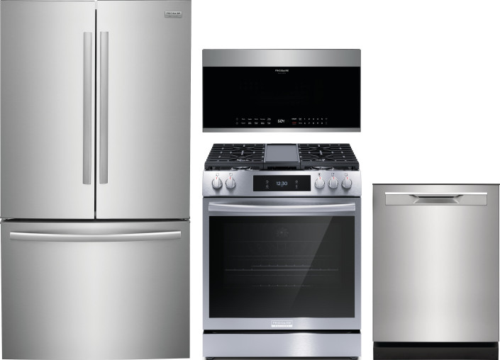 Frigidaire Gallery 4 Piece Kitchen Appliances Package with French Door Refrigerator, Gas Range, Dishwasher and Over the Range Microwave in Stainless S