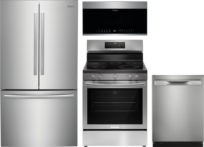 Frigidaire Gallery 4 Piece Kitchen Appliances Package with French Door Refrigerator, Electric Range, Dishwasher and Over the Range Microwave in Stainl