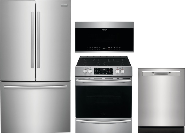 Frigidaire Gallery 4 Piece Kitchen Appliances Package with French Door Refrigerator, Electric Range, Dishwasher and Over the Range Microwave in Stainl