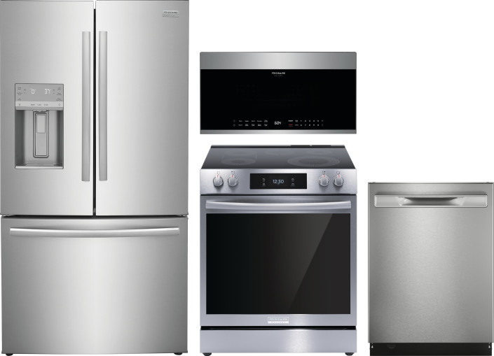 Frigidaire Gallery 4 Piece Kitchen Appliances Package with French Door Refrigerator, Electric Range, Dishwasher and Over the Range Microwave in Stainl