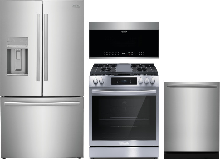 Frigidaire Gallery 4 Piece Kitchen Appliances Package with French Door Refrigerator, Gas Range, Dishwasher and Over the Range Microwave in Stainless S