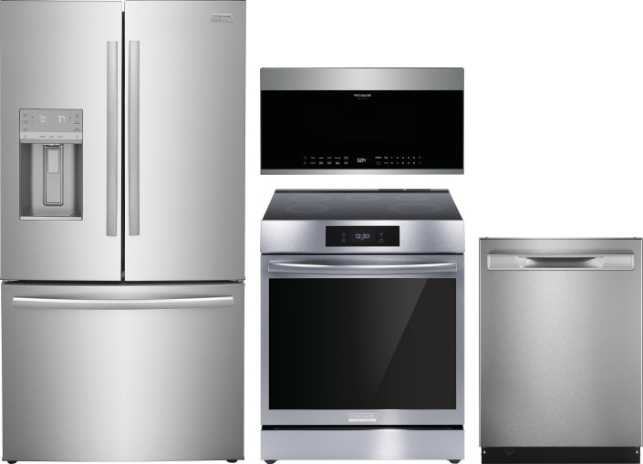 Frigidaire Gallery 4 Piece Kitchen Appliances Package with French Door Refrigerator, Induction Range, Dishwasher and Over the Range Microwave in Stain