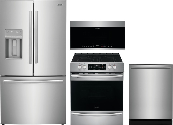 Frigidaire Gallery 4 Piece Kitchen Appliances Package with French Door Refrigerator, Electric Range, Dishwasher and Over the Range Microwave in Stainl