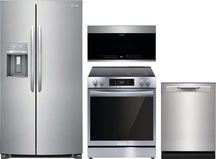 Frigidaire Gallery 4 Piece Kitchen Appliances Package with Side-by-Side Refrigerator, Electric Range, Dishwasher and Over the Range Microwave in Stain