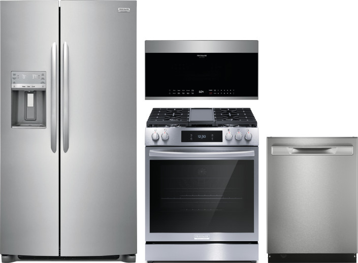 Frigidaire Gallery 4 Piece Kitchen Appliances Package with Side-by-Side Refrigerator, Gas Range, Dishwasher and Over the Range Microwave in Stainless 
