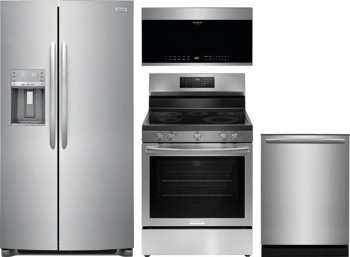 Frigidaire Gallery 4 Piece Kitchen Appliances Package with Side-by-Side Refrigerator, Electric Range, Dishwasher and Over the Range Microwave in Stain
