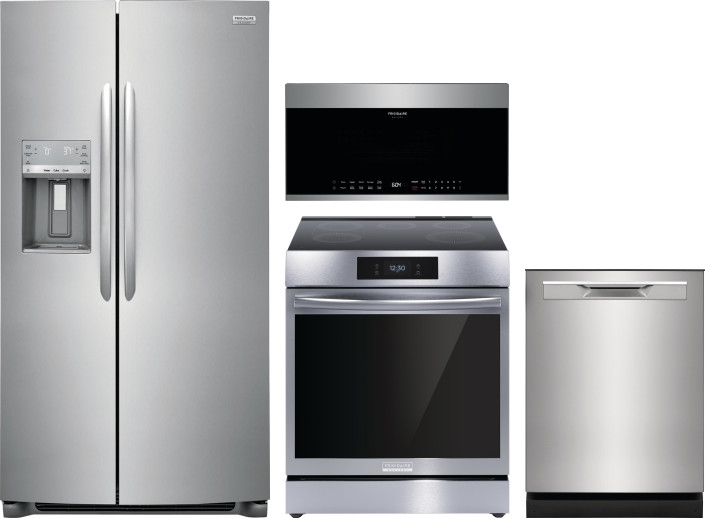 Frigidaire Gallery 4 Piece Kitchen Appliances Package with Side-by-Side Refrigerator, Induction Range, Dishwasher and Over the Range Microwave in Stai