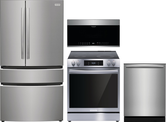 Frigidaire Gallery 4 Piece Kitchen Appliances Package with French Door Refrigerator, Electric Range, Dishwasher and Over the Range Microwave in Stainl