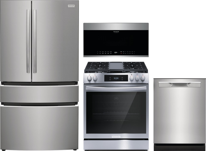Frigidaire Gallery 4 Piece Kitchen Appliances Package with French Door Refrigerator, Gas Range, Dishwasher and Over the Range Microwave in Stainless S
