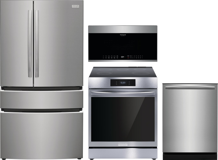Frigidaire Gallery 4 Piece Kitchen Appliances Package with French Door Refrigerator, Induction Range, Dishwasher and Over the Range Microwave in Stain