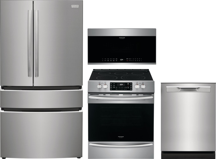 Frigidaire Gallery 4 Piece Kitchen Appliances Package with French Door Refrigerator, Electric Range, Dishwasher and Over the Range Microwave in Stainl