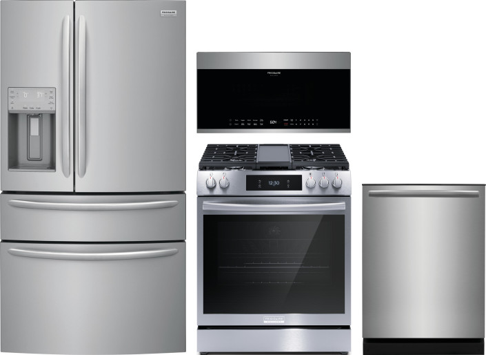Frigidaire Gallery 4 Piece Kitchen Appliances Package with French Door Refrigerator, Gas Range, Dishwasher and Over the Range Microwave in Stainless S