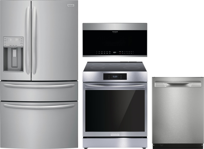 Frigidaire Gallery 4 Piece Kitchen Appliances Package with French Door Refrigerator, Induction Range, Dishwasher and Over the Range Microwave in Stain