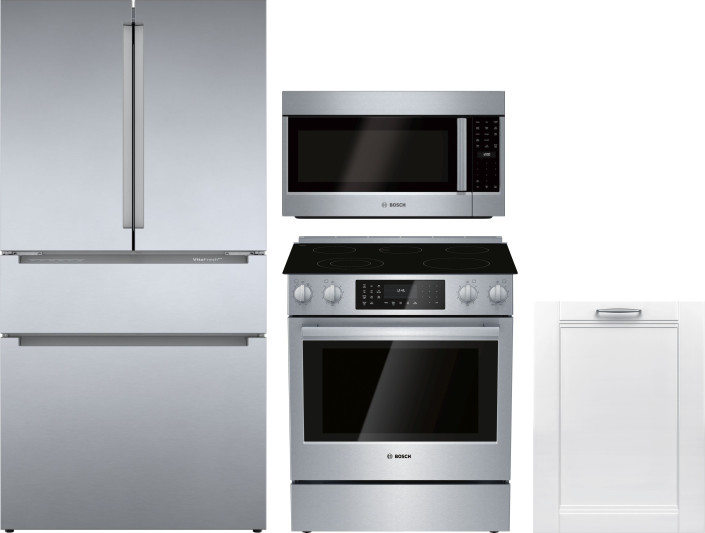 Bosch 800 4 Piece Kitchen Appliances Package with French Door Refrigerator, Electric Range, Over the Range Microwave and Dishwasher in Stainless Steel