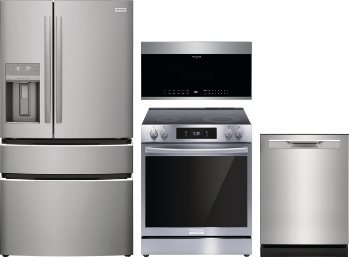 Frigidaire Gallery 4 Piece Kitchen Appliances Package with French Door Refrigerator, Electric Range, Dishwasher and Over the Range Microwave in Stainl