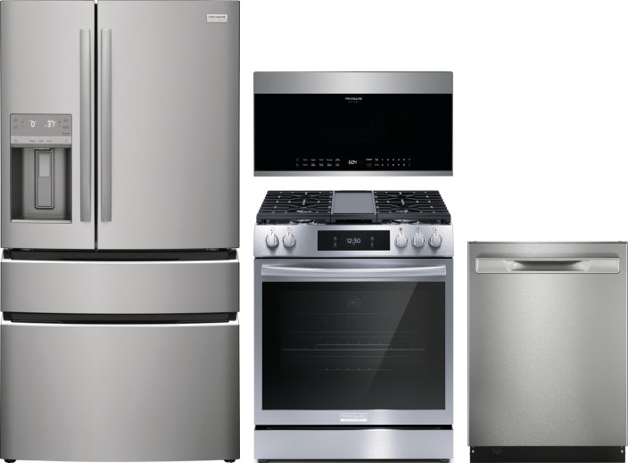 Frigidaire Gallery 4 Piece Kitchen Appliances Package with French Door Refrigerator, Gas Range, Dishwasher and Over the Range Microwave in Stainless S