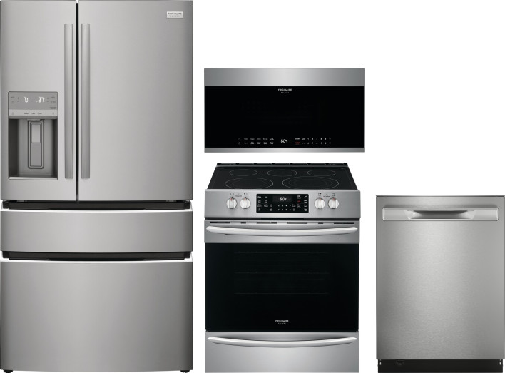 Frigidaire Gallery 4 Piece Kitchen Appliances Package with French Door Refrigerator, Electric Range, Dishwasher and Over the Range Microwave in Stainl
