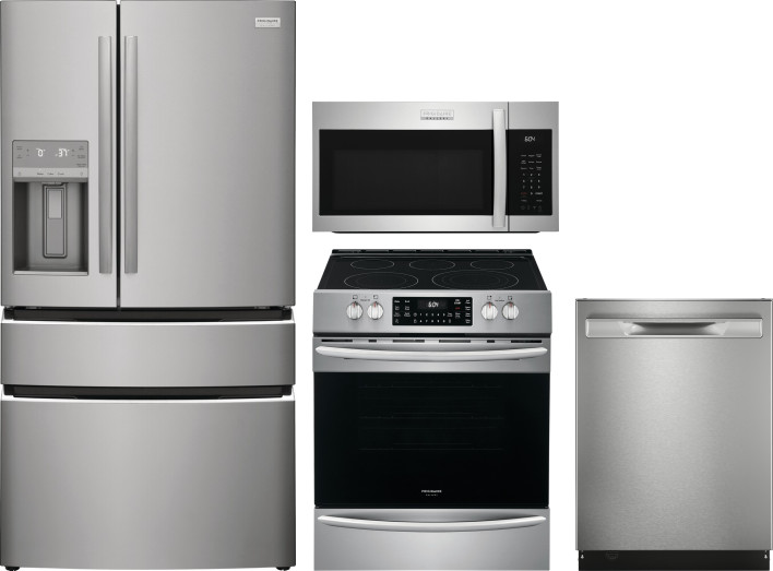 Frigidaire Gallery 4 Piece Kitchen Appliances Package with French Door Refrigerator, Electric Range, Dishwasher and Over the Range Microwave in Stainl