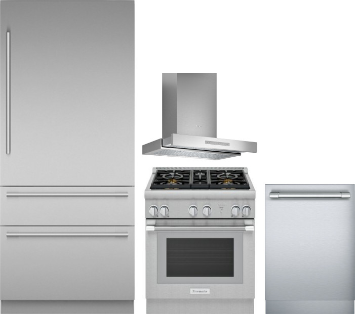 Thermador 4 Piece Kitchen Appliances Package with Bottom Freezer Refrigerator, Gas Range and Dishwasher in Stainless Steel THRERADWRH1276