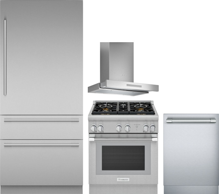 Thermador 4 Piece Kitchen Appliances Package with Bottom Freezer Refrigerator, Dual Fuel Range and Dishwasher in Stainless Steel THRERADWRH1278