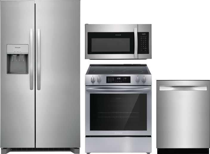 Frigidaire 4 Piece Kitchen Appliances Package with Side-by-Side Refrigerator, Electric Range, Dishwasher and Over the Range Microwave in Stainless Ste