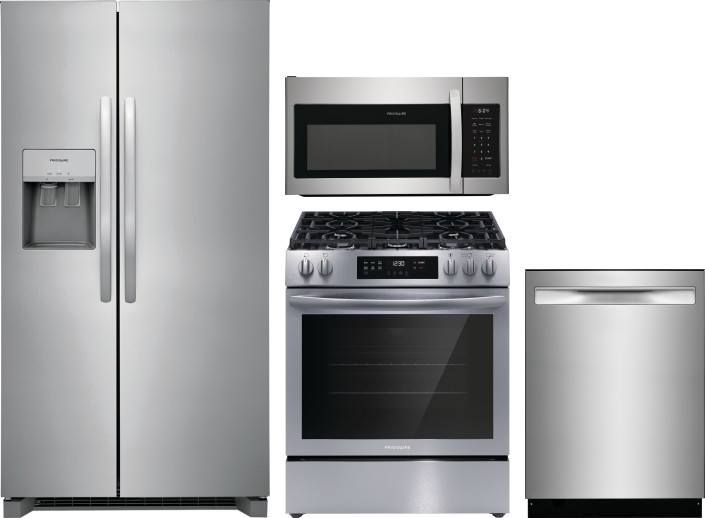 Frigidaire 4 Piece Kitchen Appliances Package with Side-by-Side Refrigerator, Gas Range, Dishwasher and Over the Range Microwave in Stainless Steel FR