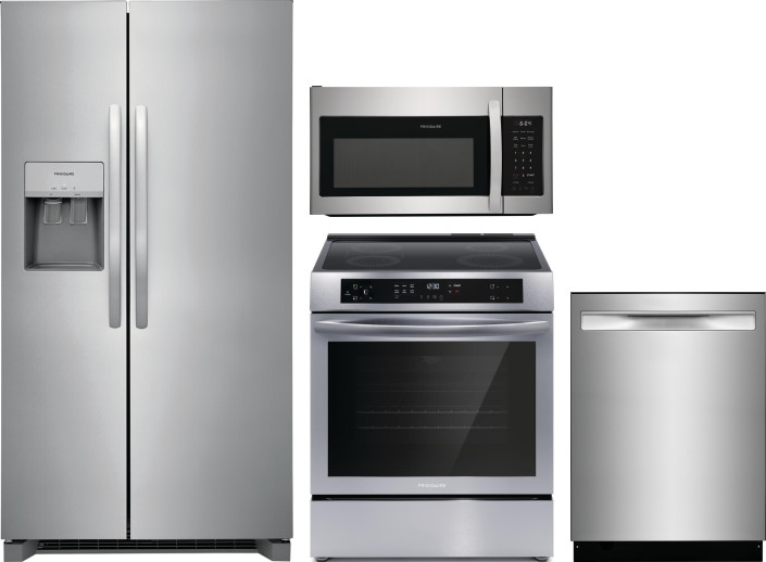 Frigidaire 4 Piece Kitchen Appliances Package with Side-by-Side Refrigerator, Induction Range, Dishwasher and Over the Range Microwave in Stainless St