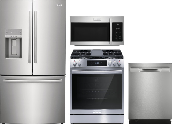 Frigidaire Gallery 4 Piece Kitchen Appliances Package with French Door Refrigerator, Gas Range, Dishwasher and Over the Range Microwave in Stainless S