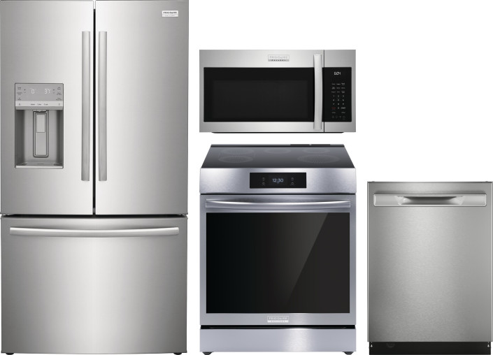 Frigidaire Gallery 4 Piece Kitchen Appliances Package with French Door Refrigerator, Induction Range, Dishwasher and Over the Range Microwave in Stain